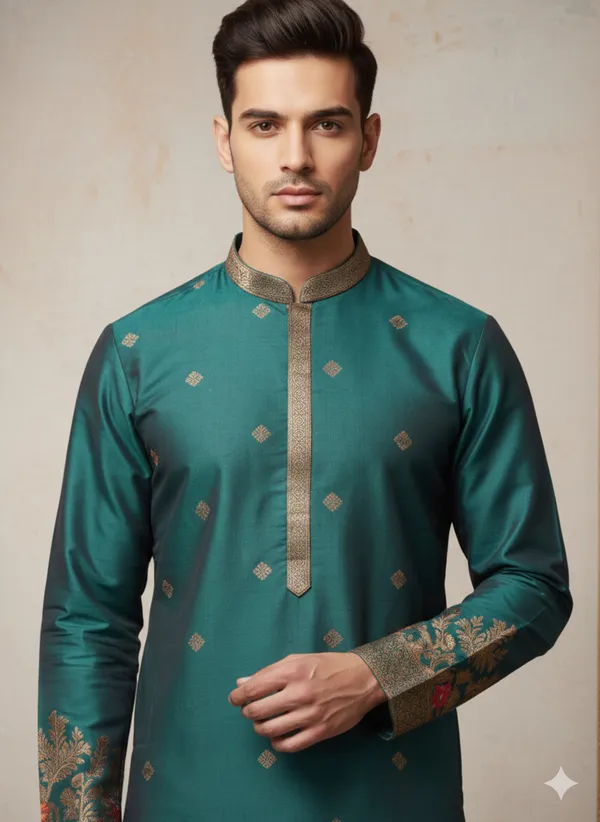 Men’s_Green_Kurta_set_with_daman_and_sleeve_style_design_|_Mandarin_Collar_|_Full_Sleeves_|_Festive_Ethnic_Wear