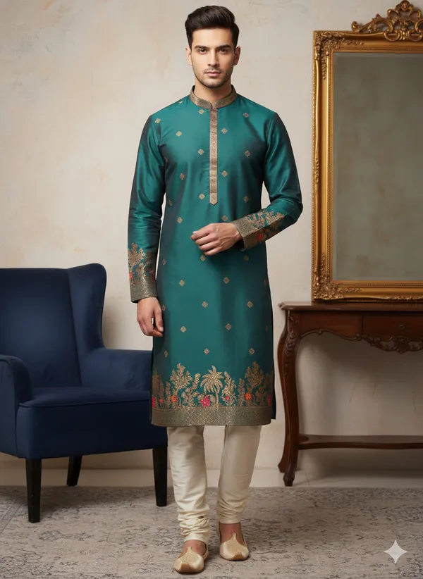 Men’s_Green_Kurta_set_with_daman_and_sleeve_style_design_|_Mandarin_Collar_|_Full_Sleeves_|_Festive_Ethnic_Wear