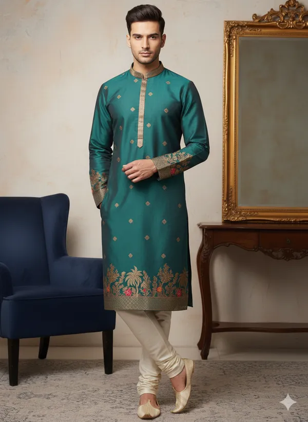Men’s_Green_Kurta_set_with_daman_and_sleeve_style_design_|_Mandarin_Collar_|_Full_Sleeves_|_Festive_Ethnic_Wear