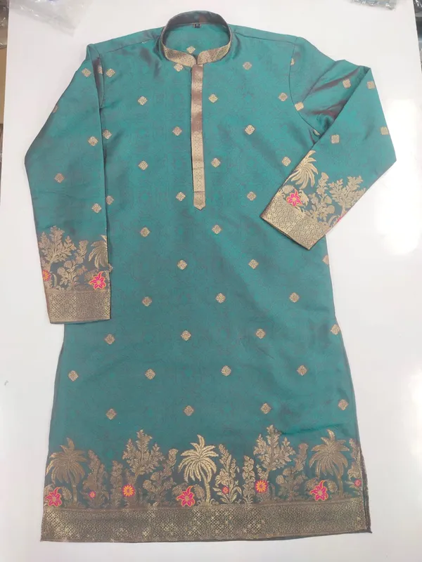 Men’s_Green_Kurta_set_with_daman_and_sleeve_style_design_|_Mandarin_Collar_|_Full_Sleeves_|_Festive_Ethnic_Wear
