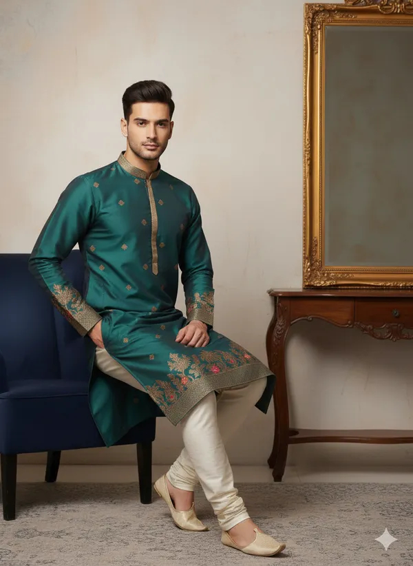 Men’s_Green_Kurta_set_with_daman_and_sleeve_style_design_|_Mandarin_Collar_|_Full_Sleeves_|_Festive_Ethnic_Wear