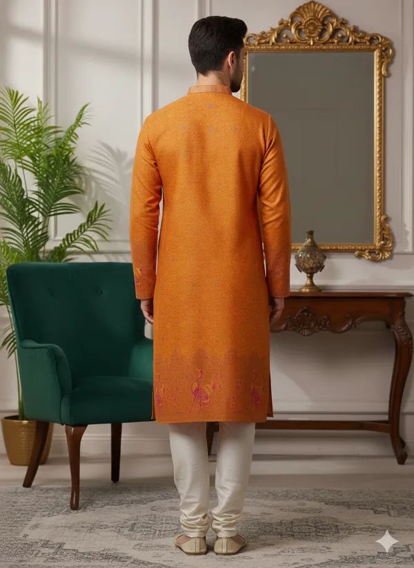 Menâ€™s_Orange_Kurta_set_with_daman_and_sleeve_style_design_|_Mandarin_Collar_|_Full_Sleeves_|_Festive_Ethnic_Wear