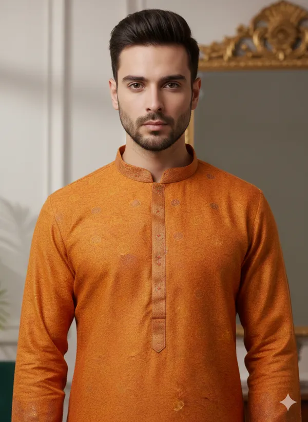 Menâ€™s_Orange_Kurta_set_with_daman_and_sleeve_style_design_|_Mandarin_Collar_|_Full_Sleeves_|_Festive_Ethnic_Wear