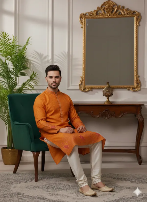 Menâ€™s_Orange_Kurta_set_with_daman_and_sleeve_style_design_|_Mandarin_Collar_|_Full_Sleeves_|_Festive_Ethnic_Wear