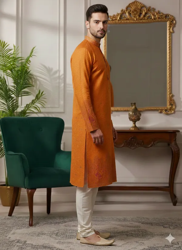 Menâ€™s_Orange_Kurta_set_with_daman_and_sleeve_style_design_|_Mandarin_Collar_|_Full_Sleeves_|_Festive_Ethnic_Wear