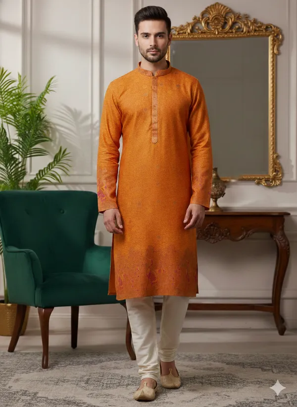 Menâ€™s_Orange_Kurta_set_with_daman_and_sleeve_style_design_|_Mandarin_Collar_|_Full_Sleeves_|_Festive_Ethnic_Wear