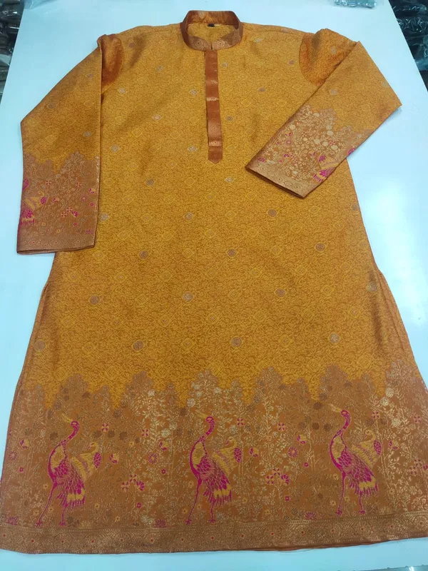 Menâ€™s_Orange_Kurta_set_with_daman_and_sleeve_style_design_|_Mandarin_Collar_|_Full_Sleeves_|_Festive_Ethnic_Wear