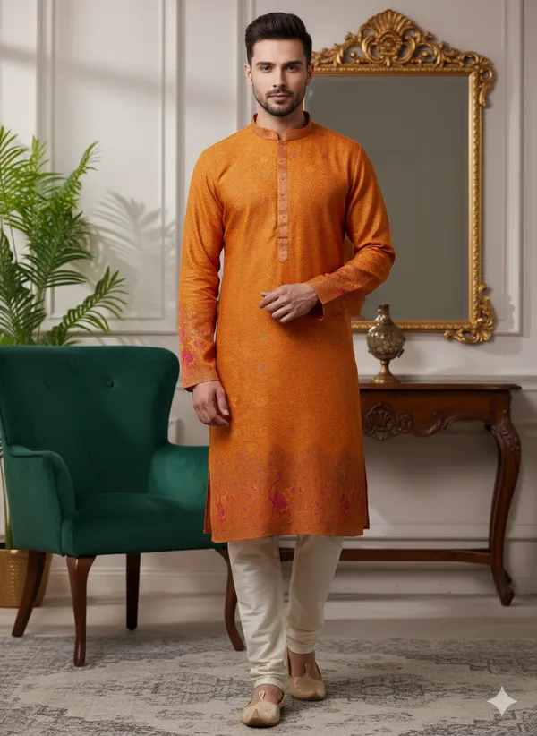 Menâ€™s_Orange_Kurta_set_with_daman_and_sleeve_style_design_|_Mandarin_Collar_|_Full_Sleeves_|_Festive_Ethnic_Wear