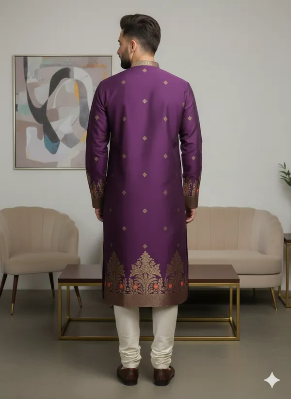 Menâ€™s_Purple_Kurta_set_with_daman_and_sleeve_style_design_|_Mandarin_Collar_|_Full_Sleeves_|_Festive_Ethnic_Wear