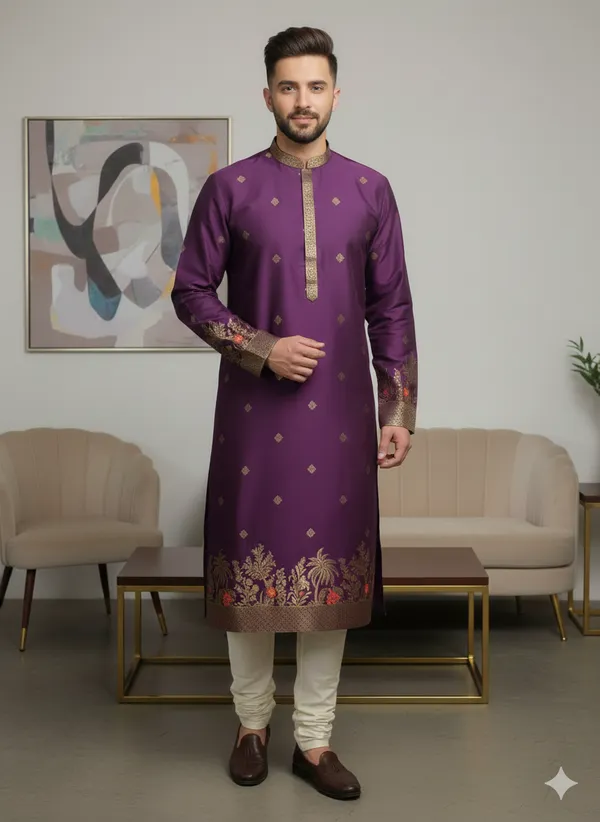 Menâ€™s_Purple_Kurta_set_with_daman_and_sleeve_style_design_|_Mandarin_Collar_|_Full_Sleeves_|_Festive_Ethnic_Wear