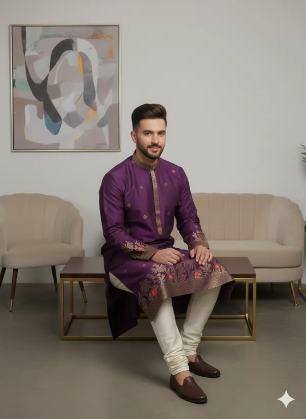 Menâ€™s_Purple_Kurta_set_with_daman_and_sleeve_style_design_|_Mandarin_Collar_|_Full_Sleeves_|_Festive_Ethnic_Wear