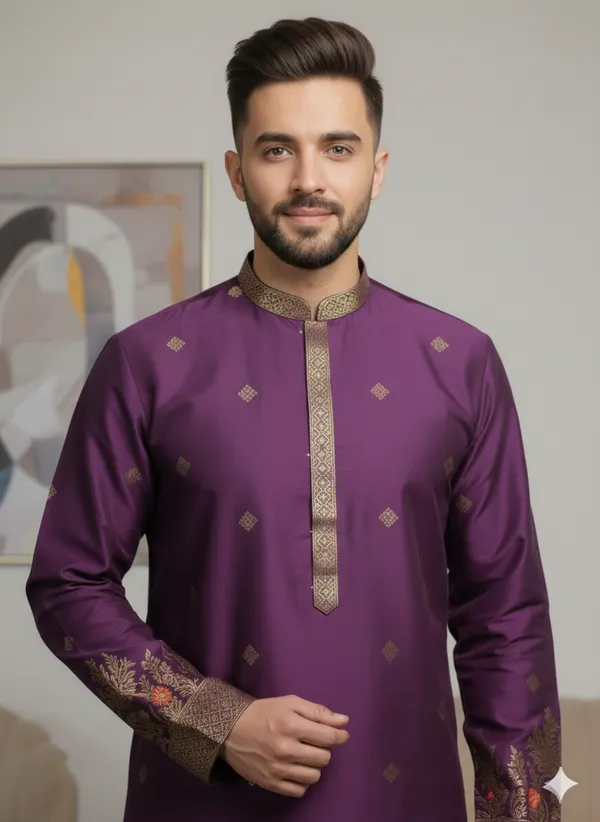 Men’s_Purple_Kurta_set_with_daman_and_sleeve_style_design_|_Mandarin_Collar_|_Full_Sleeves_|_Festive_Ethnic_Wear