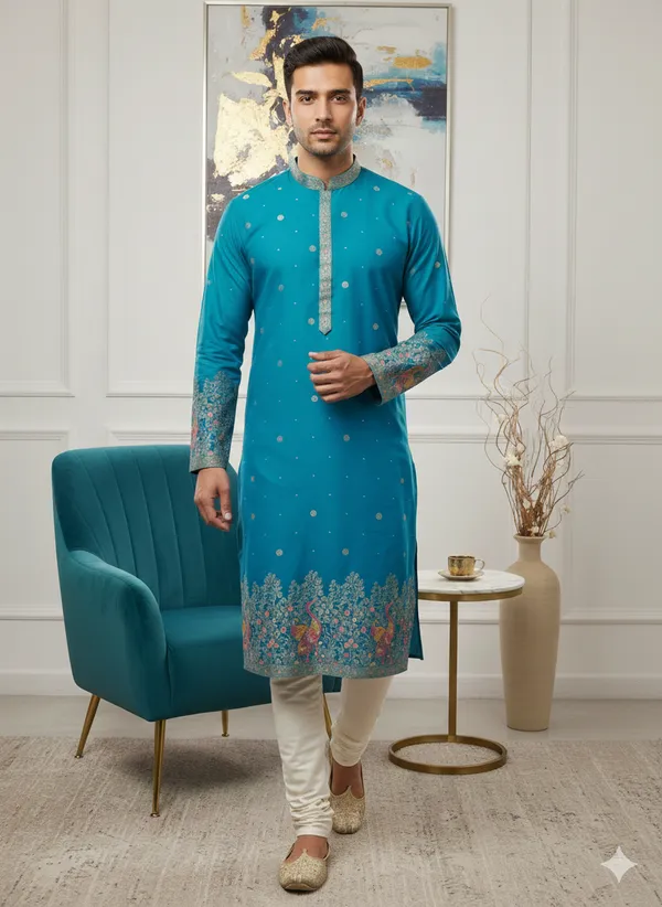Men’s_Rama_blue_Kurta_set_with_daman_and_sleeve_style_design_|_Mandarin_Collar_|_Full_Sleeves_|_Festive_Ethnic_Wear