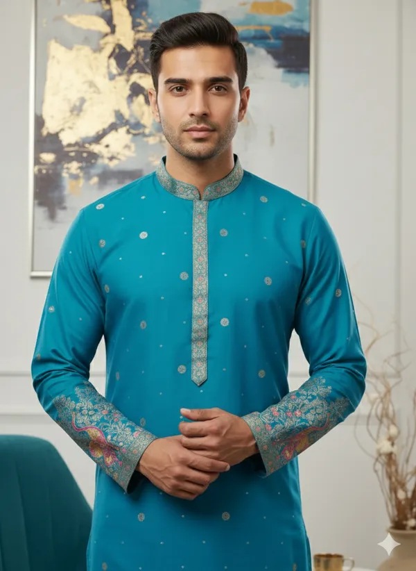 Men’s_Rama_blue_Kurta_set_with_daman_and_sleeve_style_design_|_Mandarin_Collar_|_Full_Sleeves_|_Festive_Ethnic_Wear