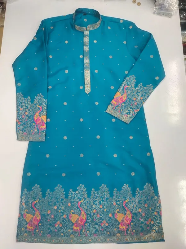 Men’s_Rama_blue_Kurta_set_with_daman_and_sleeve_style_design_|_Mandarin_Collar_|_Full_Sleeves_|_Festive_Ethnic_Wear
