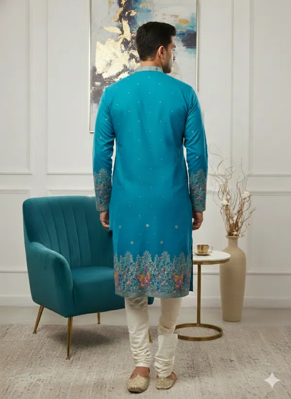 Men’s_Rama_blue_Kurta_set_with_daman_and_sleeve_style_design_|_Mandarin_Collar_|_Full_Sleeves_|_Festive_Ethnic_Wear