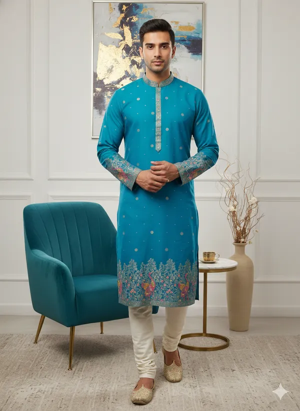 Men’s_Rama_blue_Kurta_set_with_daman_and_sleeve_style_design_|_Mandarin_Collar_|_Full_Sleeves_|_Festive_Ethnic_Wear