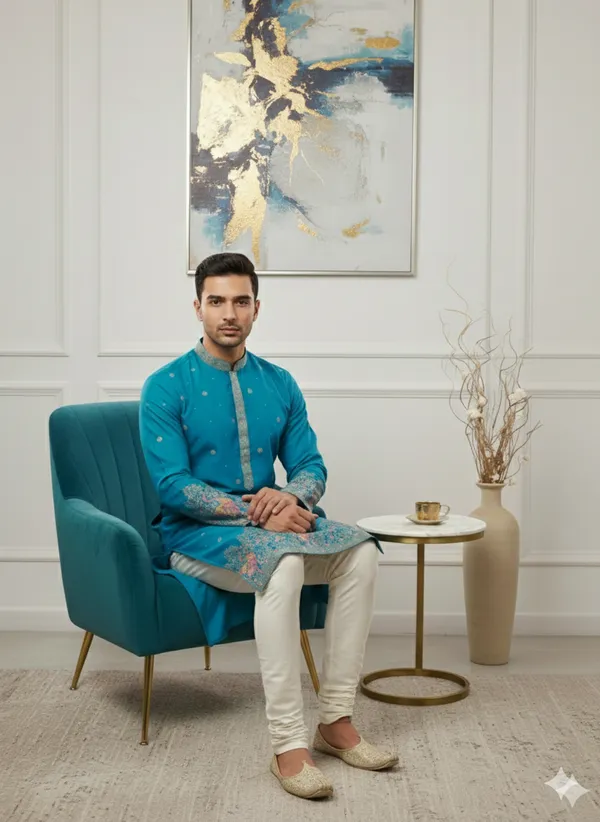Men’s_Rama_blue_Kurta_set_with_daman_and_sleeve_style_design_|_Mandarin_Collar_|_Full_Sleeves_|_Festive_Ethnic_Wear