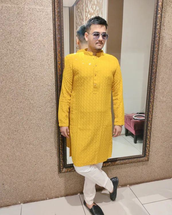 Mustard_Yellow_Shimmery_Sequin_Rayon_Kurta_&_Pajama_Set_|_For_Men