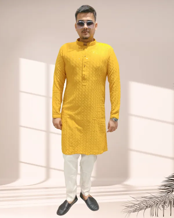 Mustard_Yellow_Shimmery_Sequin_Rayon_Kurta_&_Pajama_Set_|_For_Men