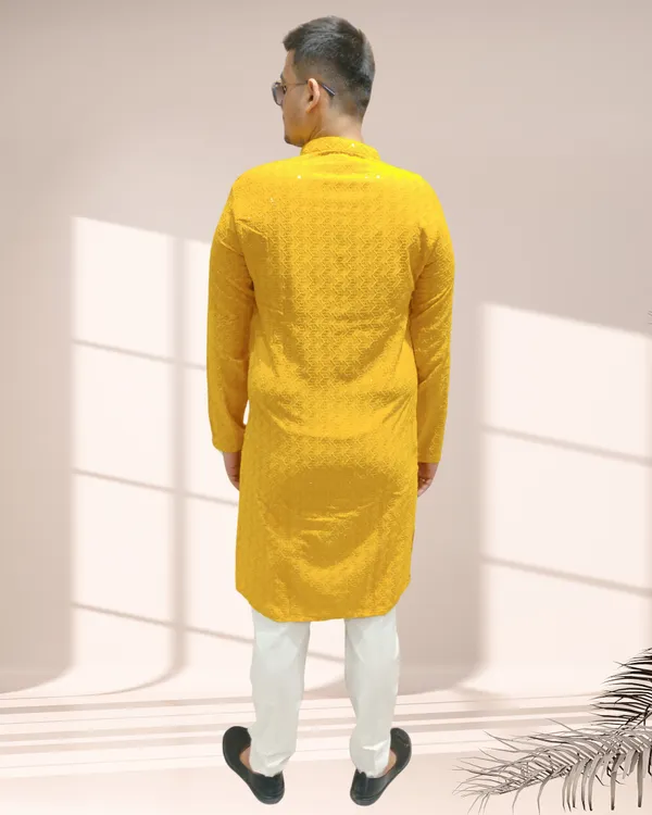 Mustard_Yellow_Shimmery_Sequin_Rayon_Kurta_&_Pajama_Set_|_For_Men