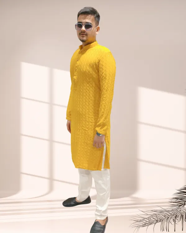 Mustard_Yellow_Shimmery_Sequin_Rayon_Kurta_&_Pajama_Set_|_For_Men