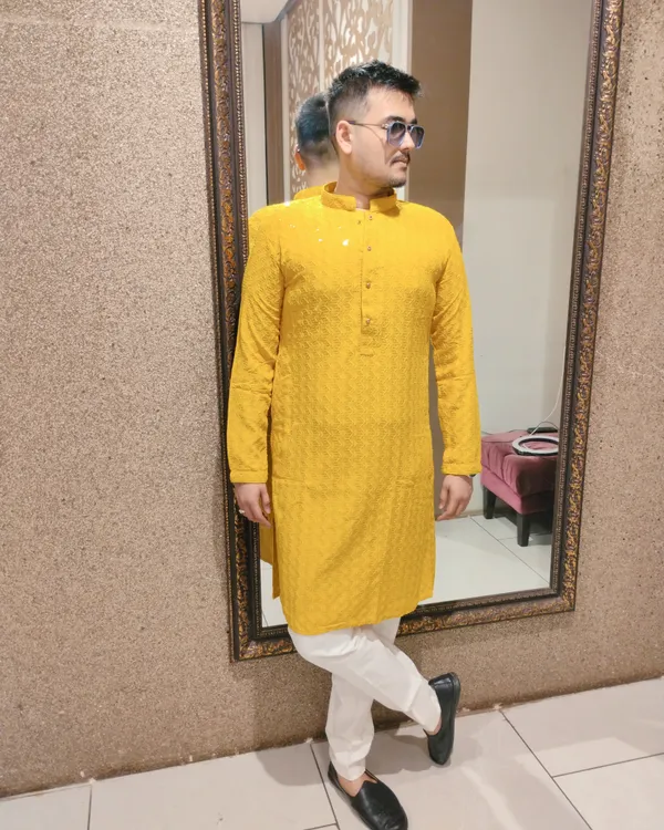 Mustard_Yellow_Shimmery_Sequin_Rayon_Kurta_&_Pajama_Set_|_For_Men