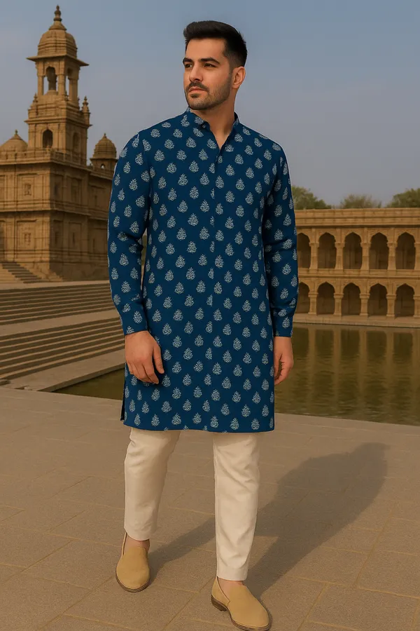 Blue_Printed_Cotton_Kurta_|_For_Men