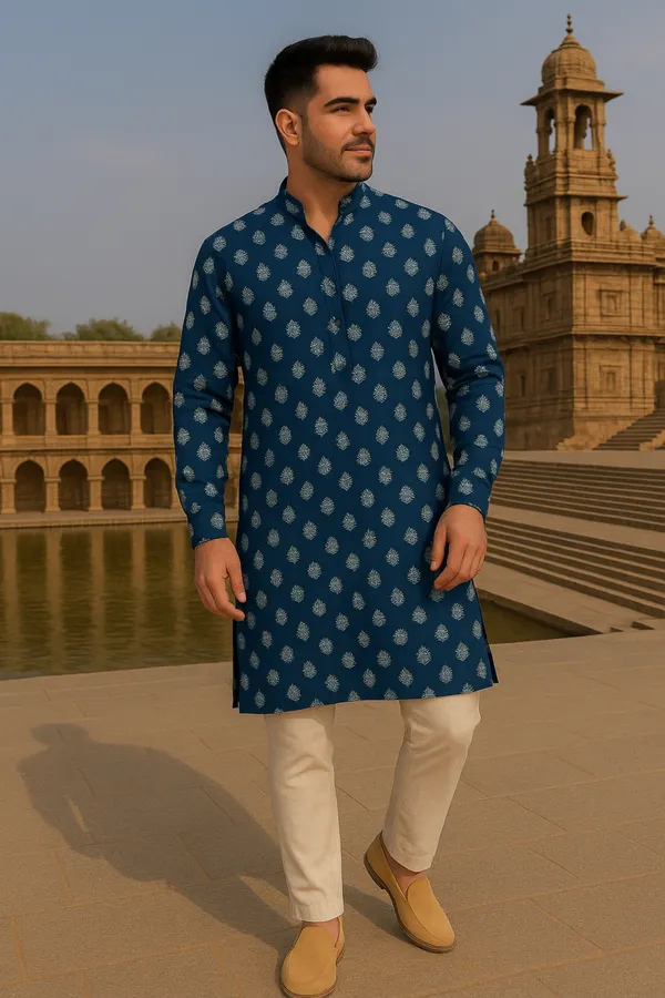Blue_Printed_Cotton_Kurta_|_For_Men