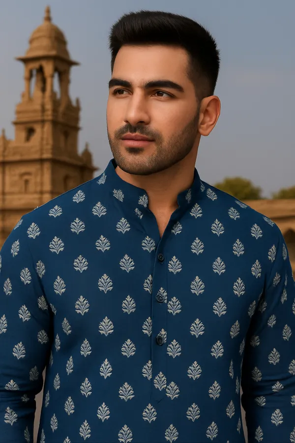 Blue_Printed_Cotton_Kurta_|_For_Men