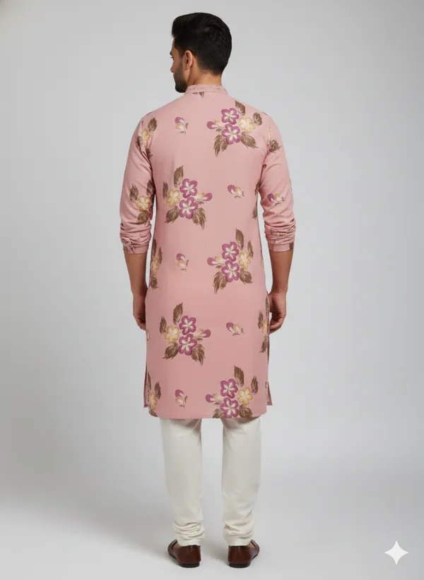 Peach_kurta_featuring_artistic_floral_brush_prints_for_mens