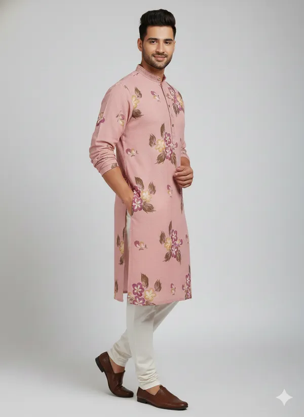 Peach_kurta_featuring_artistic_floral_brush_prints_for_mens