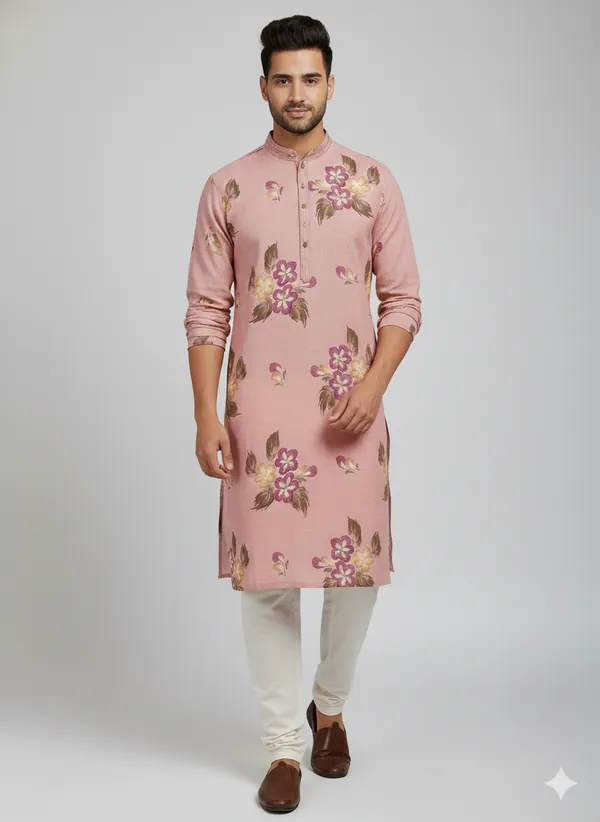 Peach_kurta_featuring_artistic_floral_brush_prints_for_mens