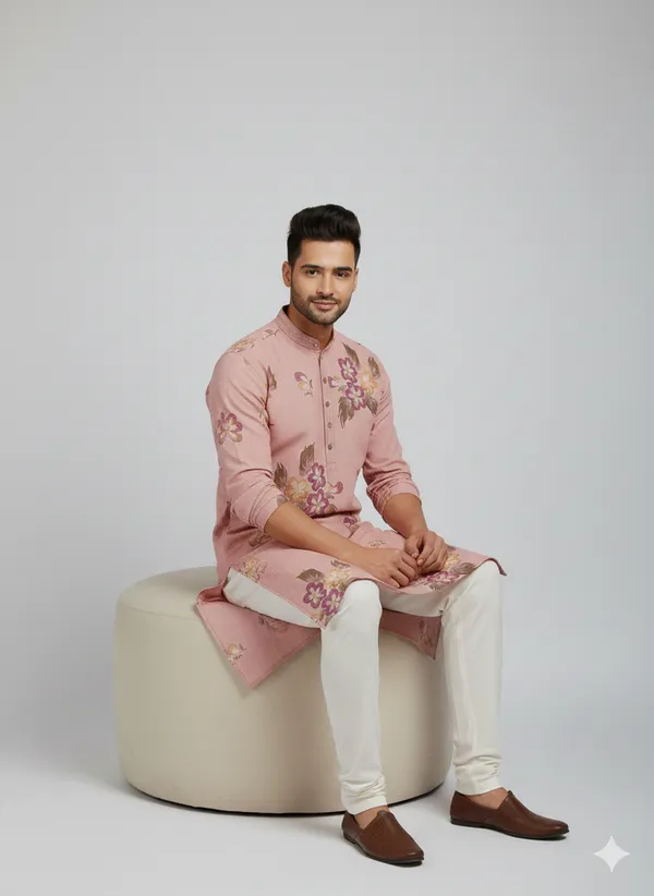 Peach_kurta_featuring_artistic_floral_brush_prints_for_mens