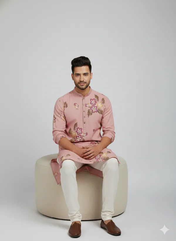 Peach_kurta_featuring_artistic_floral_brush_prints_for_mens