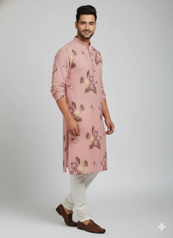 Peach_kurta_featuring_artistic_floral_brush_prints_for_mens