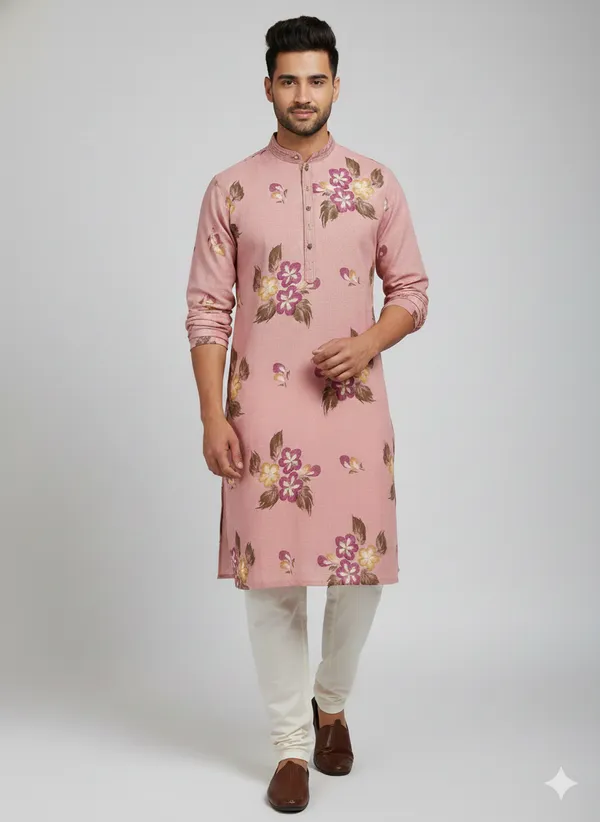 Peach_kurta_featuring_artistic_floral_brush_prints_for_mens