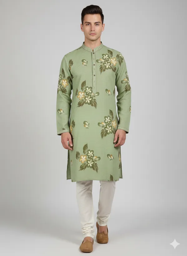 Pista_green_kurta_featuring_artistic_floral_brush_prints_for_mens