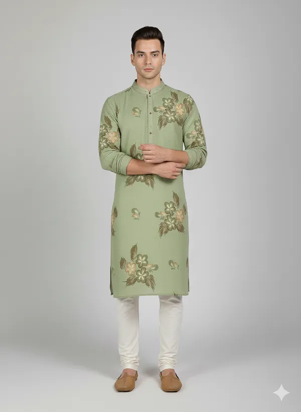 Pista_green_kurta_featuring_artistic_floral_brush_prints_for_mens