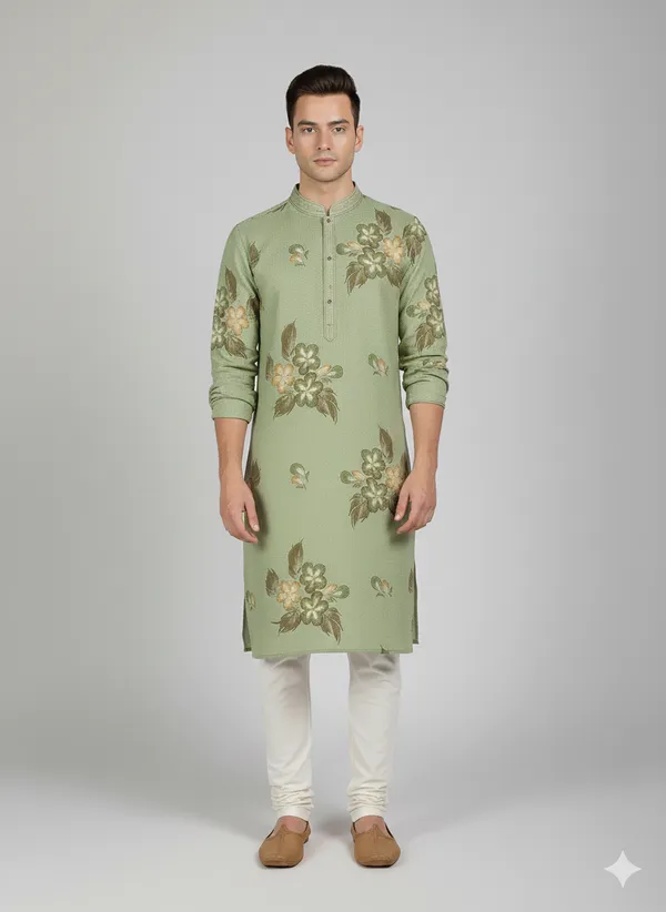Pista_green_kurta_featuring_artistic_floral_brush_prints_for_mens