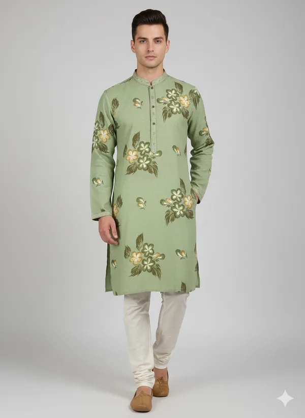 Pista_green_kurta_featuring_artistic_floral_brush_prints_for_mens