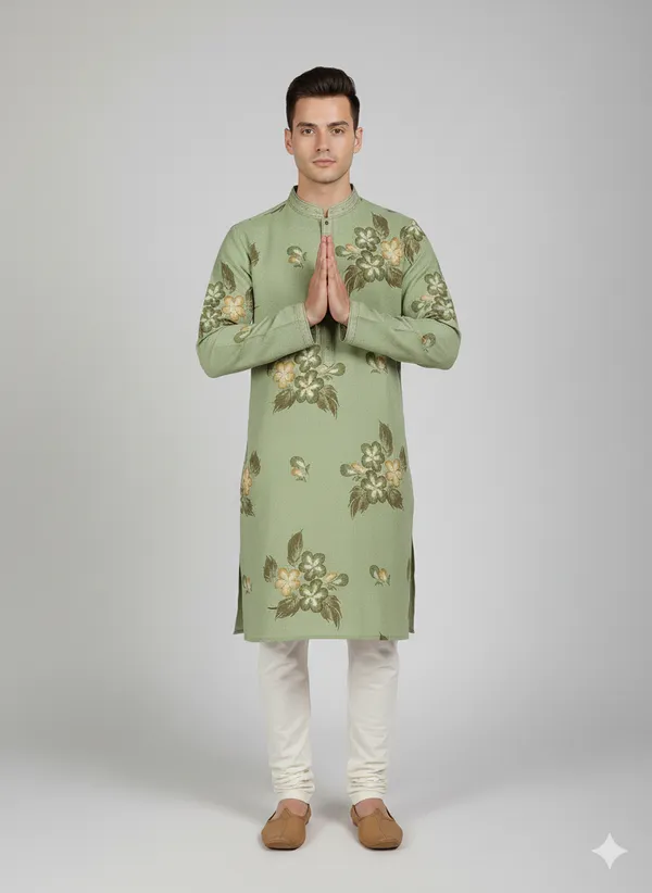 Pista_green_kurta_featuring_artistic_floral_brush_prints_for_mens