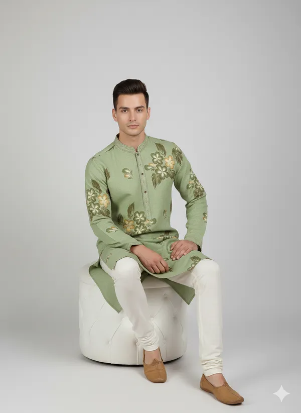 Pista_green_kurta_featuring_artistic_floral_brush_prints_for_mens