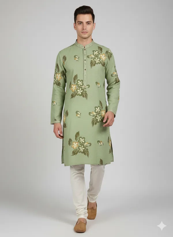 Pista_green_kurta_featuring_artistic_floral_brush_prints_for_mens