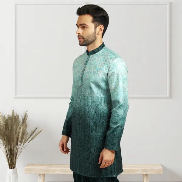 Bottle_Green_Blended_Printed_Kurta_&_Pesawari_Set_|_For_Men
