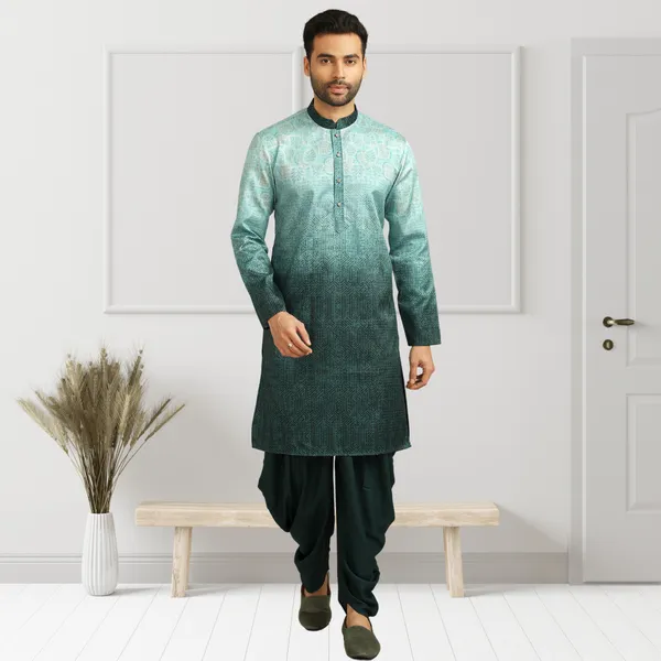 Bottle_Green_Blended_Printed_Kurta_&_Pesawari_Set_|_For_Men