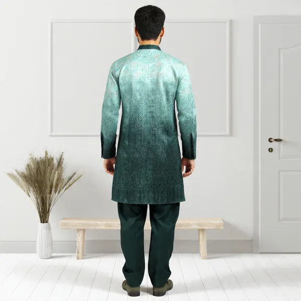 Bottle_Green_Blended_Printed_Kurta_&_Pesawari_Set_|_For_Men