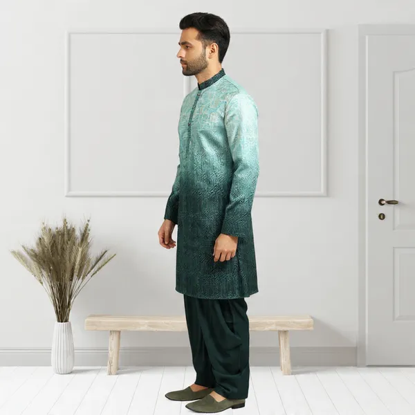 Bottle_Green_Blended_Printed_Kurta_&_Pesawari_Set_|_For_Men