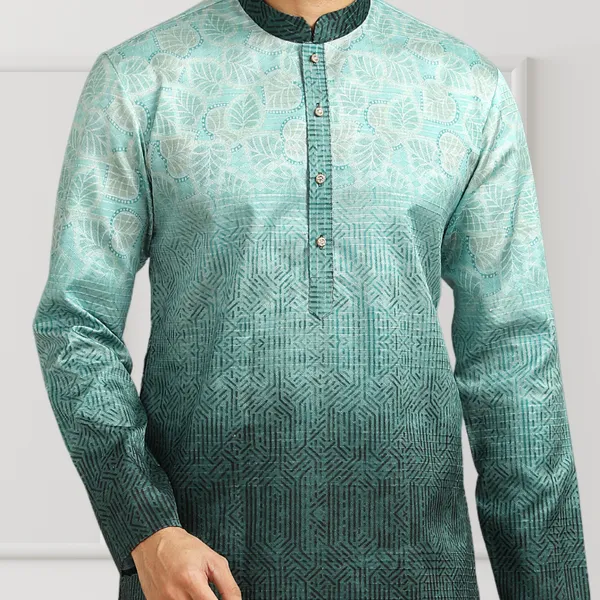 Bottle_Green_Blended_Printed_Kurta_&_Pesawari_Set_|_For_Men