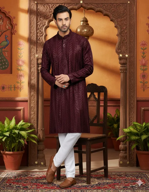 Wine_Sequins_Embroidery_Kurta_&_Pajama_Set_|_For_Men
